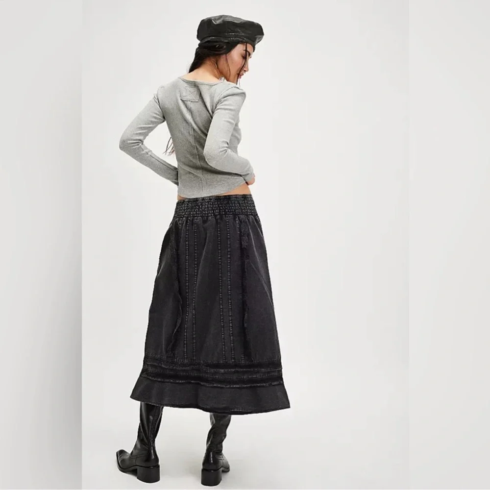 FREE PEOPLE Whitney Washed Black Lace-Trimmed Western Prairie Midi Skirt